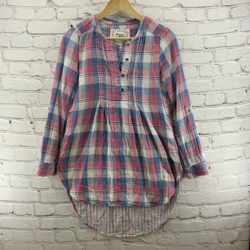 Holding Horses Tunic Top Womens Sz 4 Plaid Pink Blue